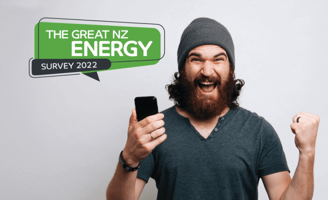 great energy survey logo. Man holding phone looking chuffed.